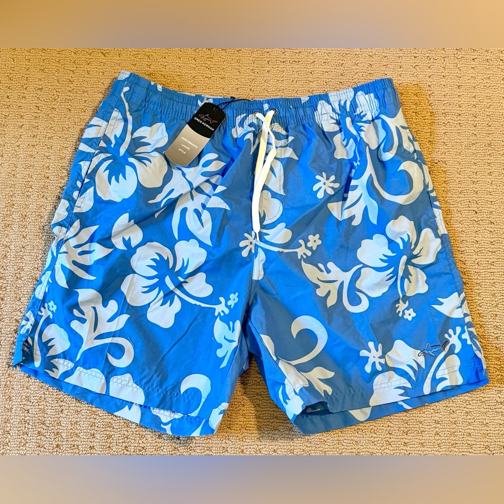 NWT Greg Norman Collection Blue & White Floral Board Shorts, Sz XL